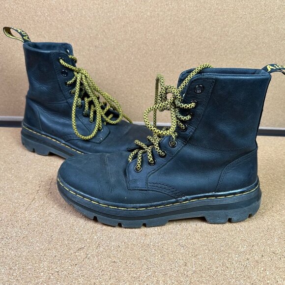 Dr Martens Combs Leather Black Work Combat Yellow Lace Boots in